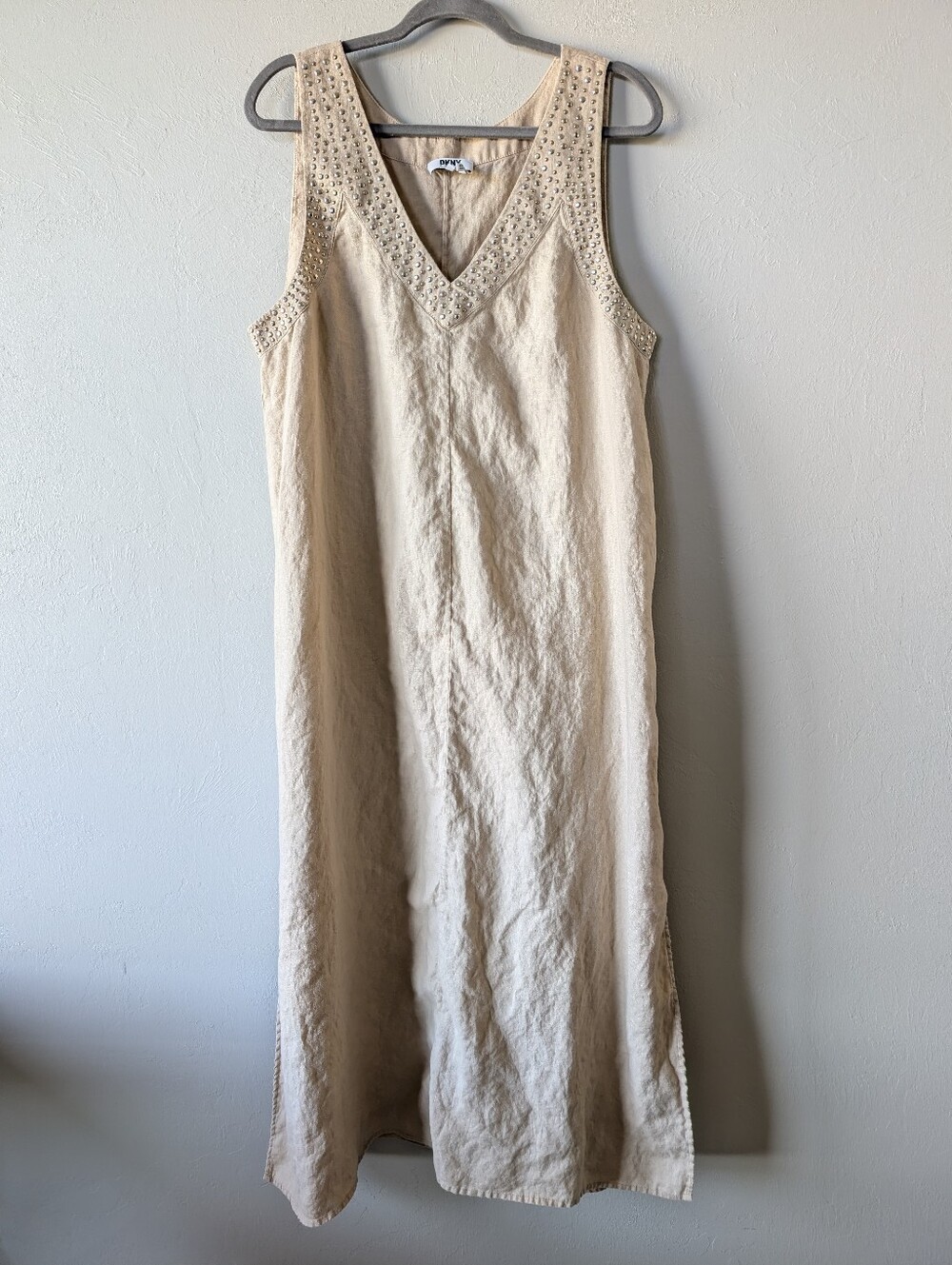 DKNY Pure Boho Linen Beaded Tan Sandalwood Sleeveless V-Neck Maxi Dress Size XL